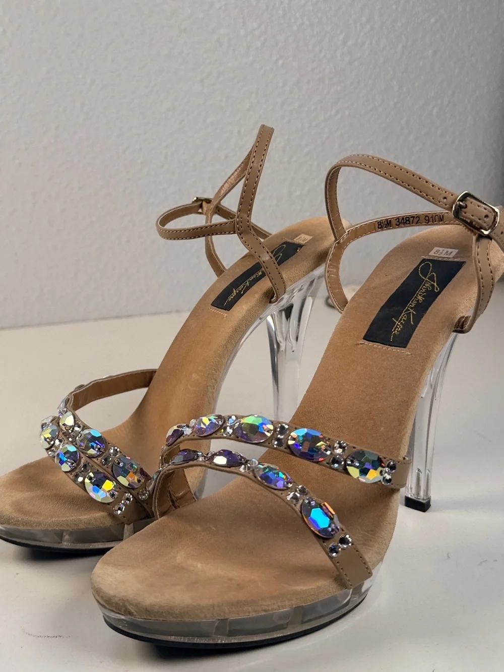 Jonathan Kayne Austria Crystal Clear Platform Heels Taupe Size 8.5 bling