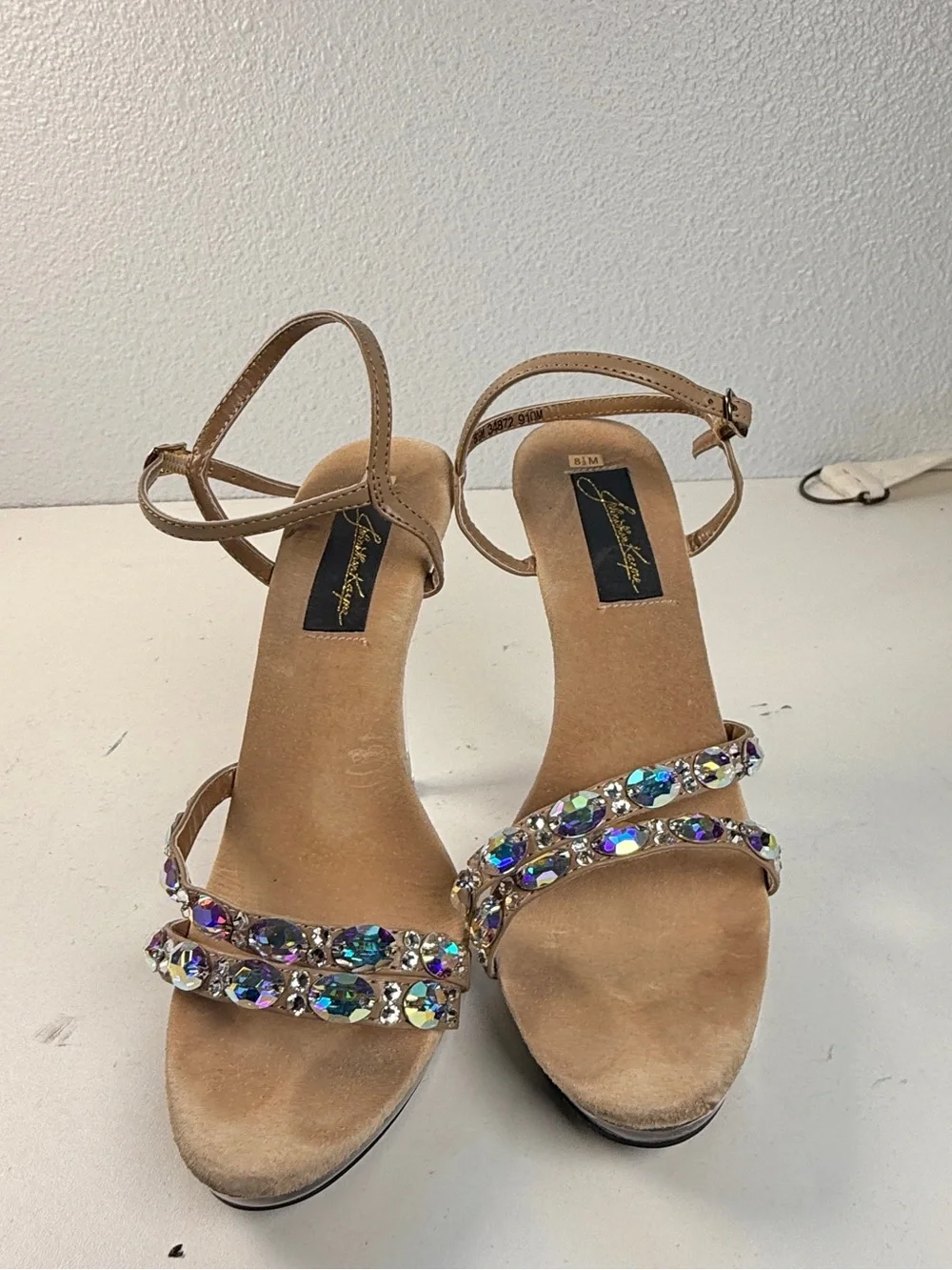 Jonathan Kayne Austria Crystal Clear Platform Heels Taupe Size 8.5 bling
