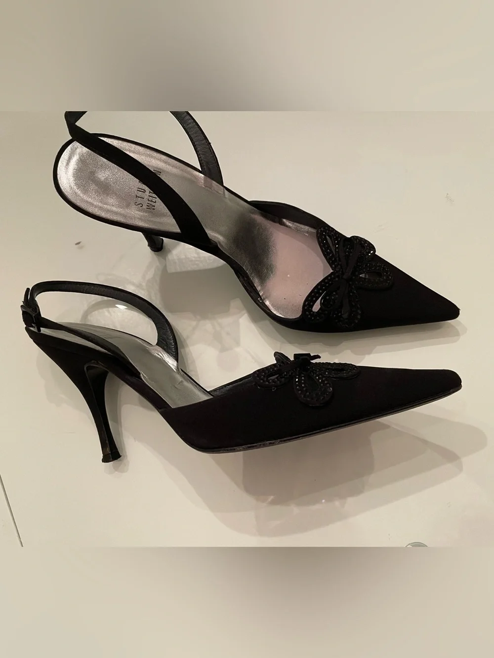 Stuart Weitzman Black Beaded Bow Slingback Heels