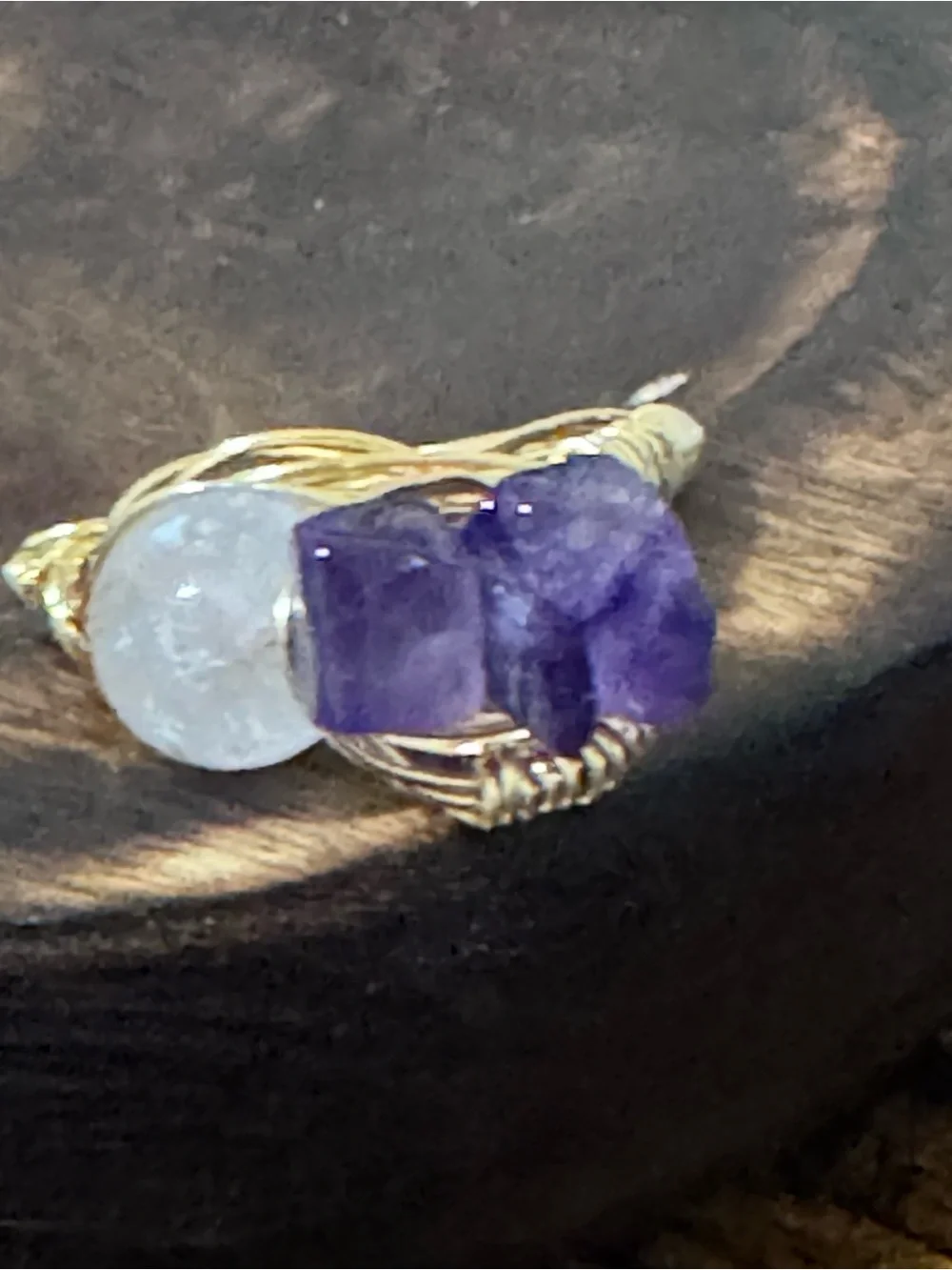 Gold Wire-Wrapped Amethyst Ring - & Rose  quartz Purple Gemstone size 8