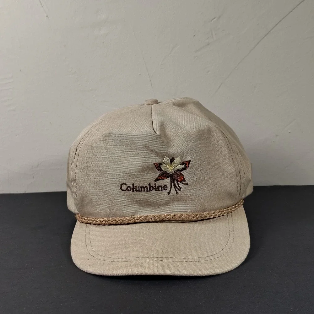 VINTAGE Imperial Headwear Hat Cap Strap Back Tan Columbine Flower Logo Mens