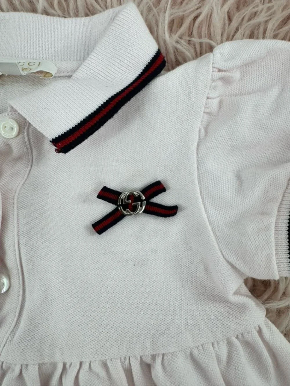 Gucci Baby Girl Light Pink Dress with Navy and Burgundy Trim Size 12M-18M