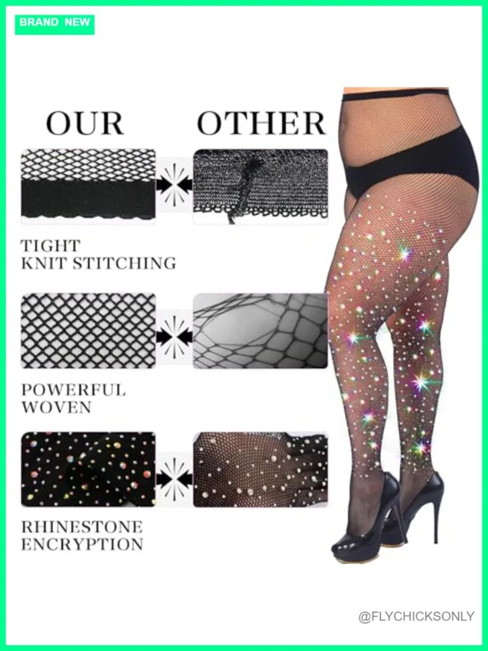 Plus Size Rhinestone Fishnet Tights, Ultra Sparkly High Waist Stockings