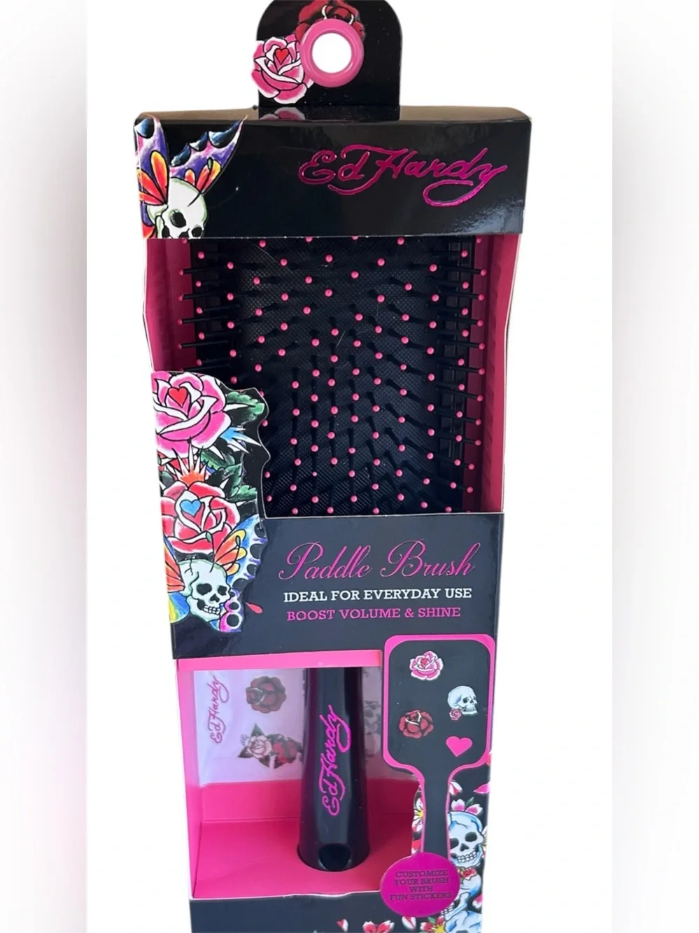 Ed Hardy Black and Pink Paddle Brush with Tattoo Floral Design