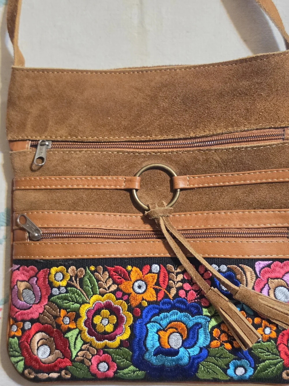 Brown Suede Crossbody Bag with Colorful Floral Embroidery