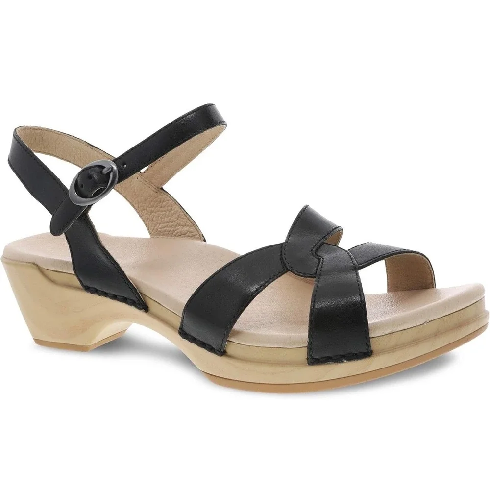 Dansko Black Leather Wedge Sandals