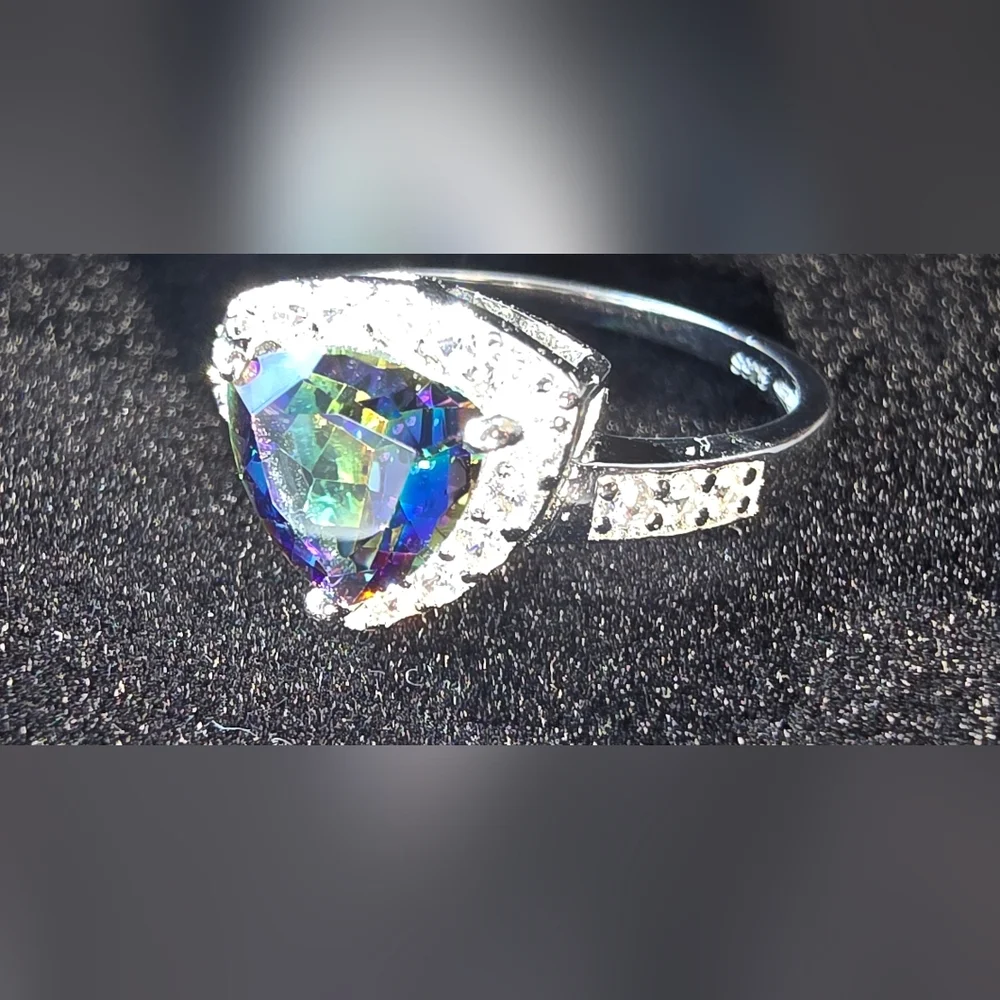 Mystic Topaz Rainbow Trilliant (Trillion) Cut 925 Sterling Silver Ring Pave