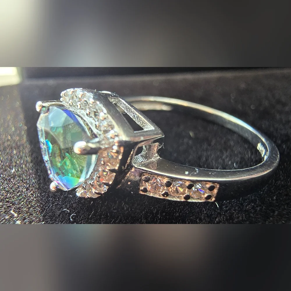 Mystic Topaz Rainbow Trilliant (Trillion) Cut 925 Sterling Silver Ring Pave