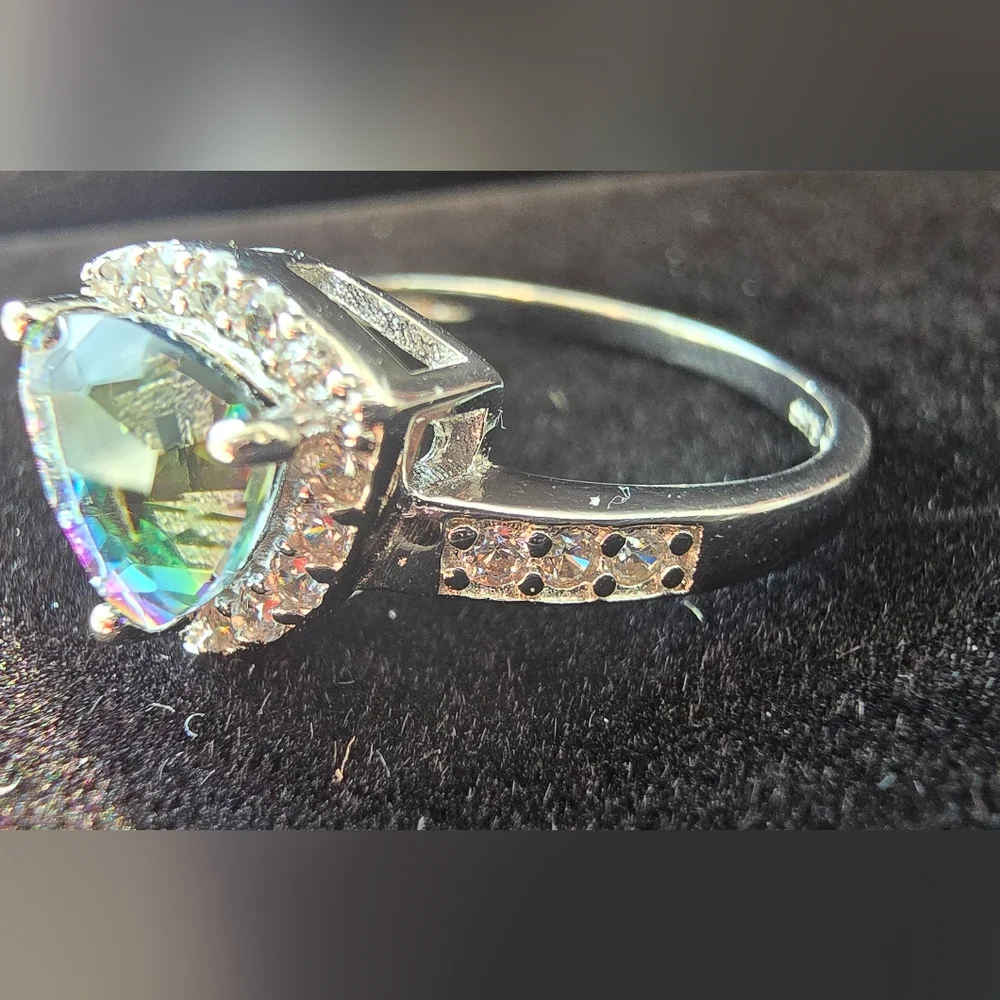 Mystic Topaz Rainbow Trilliant (Trillion) Cut 925 Sterling Silver Ring Pave