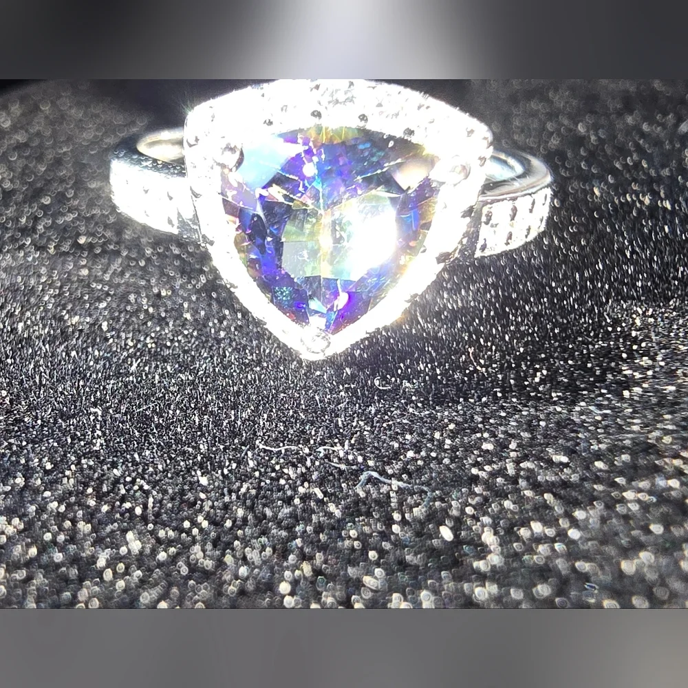 Mystic Topaz Rainbow Trilliant (Trillion) Cut 925 Sterling Silver Ring Pave