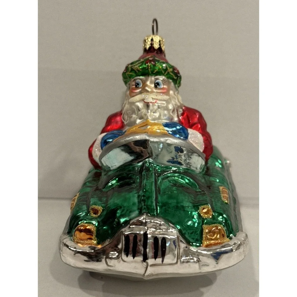Radko Santa Claus Holly Trim Hat in Green Convertible‎ Car Christmas Ornament