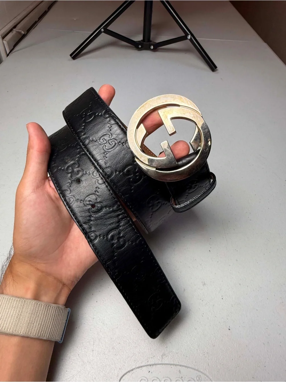 Authentic Gucci Black Guccissima Leather silver Interlocking G Buckle Belt