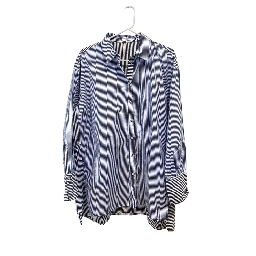 Free People Striped Button Down Shirt Oversized Blue White Long‎ Sleeve Size S