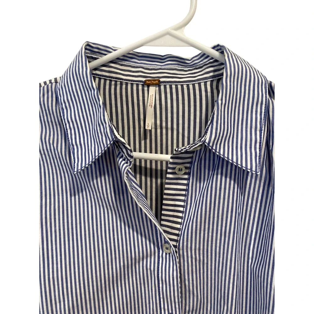 Free People Striped Button Down Shirt Oversized Blue White Long‎ Sleeve Size S