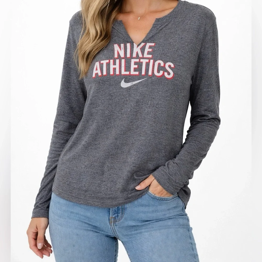 Nike Athletics Vintage Long Sleeve V-Neck Top Gray Red Size M
