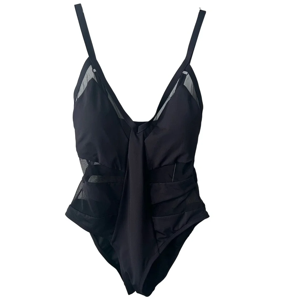 NWT Kenneth Cole Women's Black Mesh Detail One Piece Swimsuit in Size‎ M