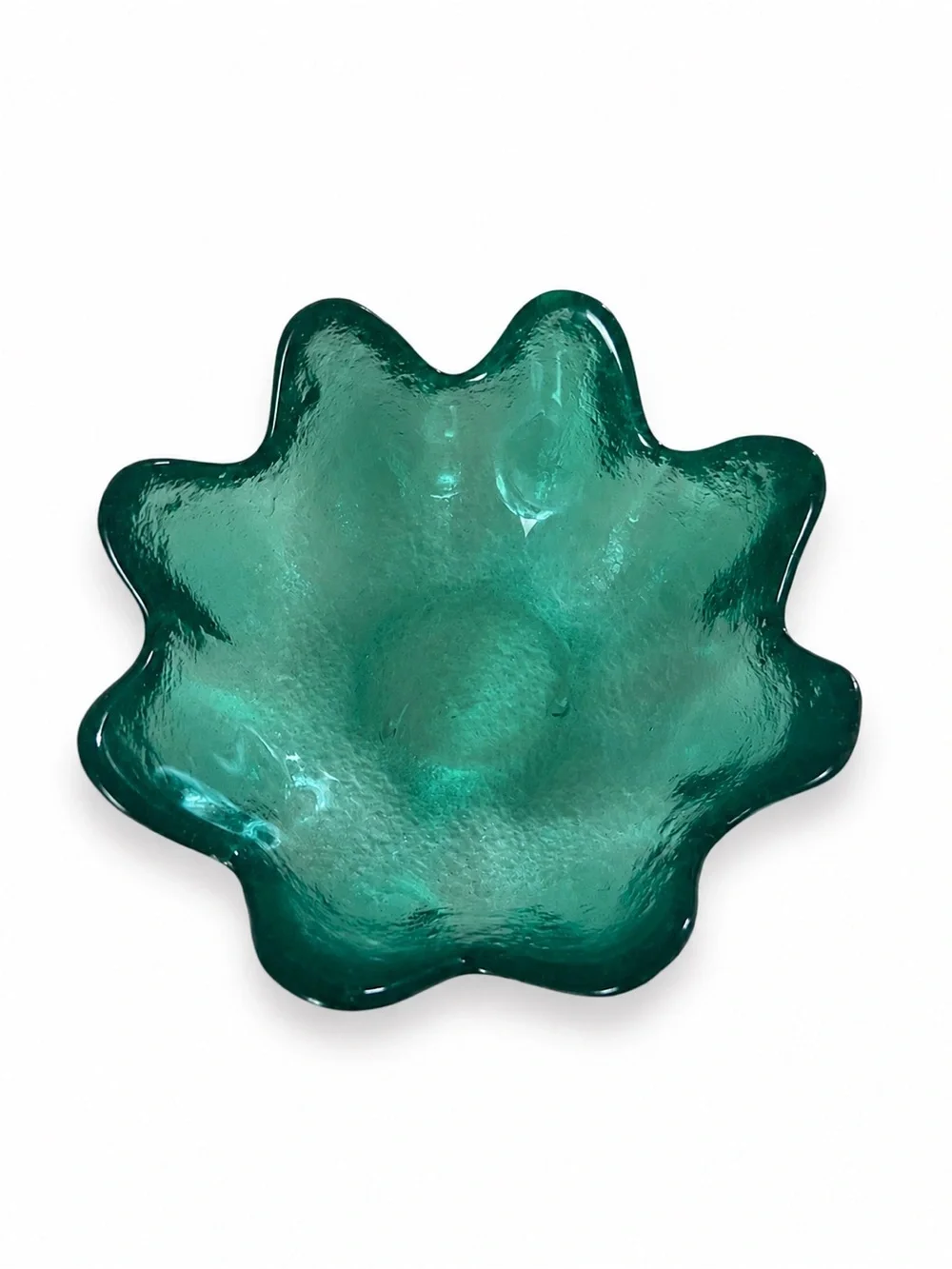 Vintage Blenko Emerald Green Art Glass Bowl Scalloped Lotus  Flower
