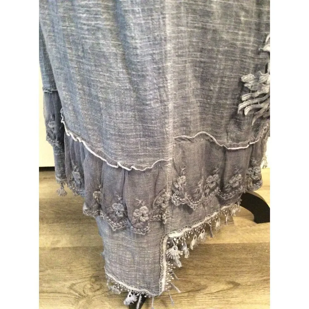 Western Denim Look Lace Linen Mix Floral Torn Edge Skirt   XL Festival Concert