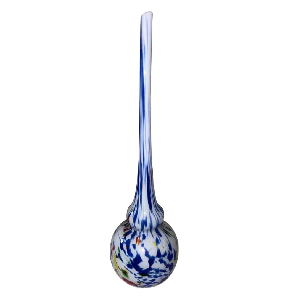 Murano Art Glass Bud Vase Long Neck Confetti Splatter Blue‎ White Italian Glass