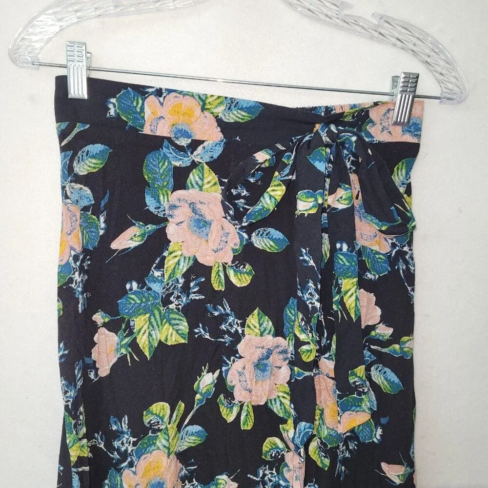 Xhilaration‎ Skirt Womens XS Black Floral Slit Font Pull On Tie Side Midi Rayon