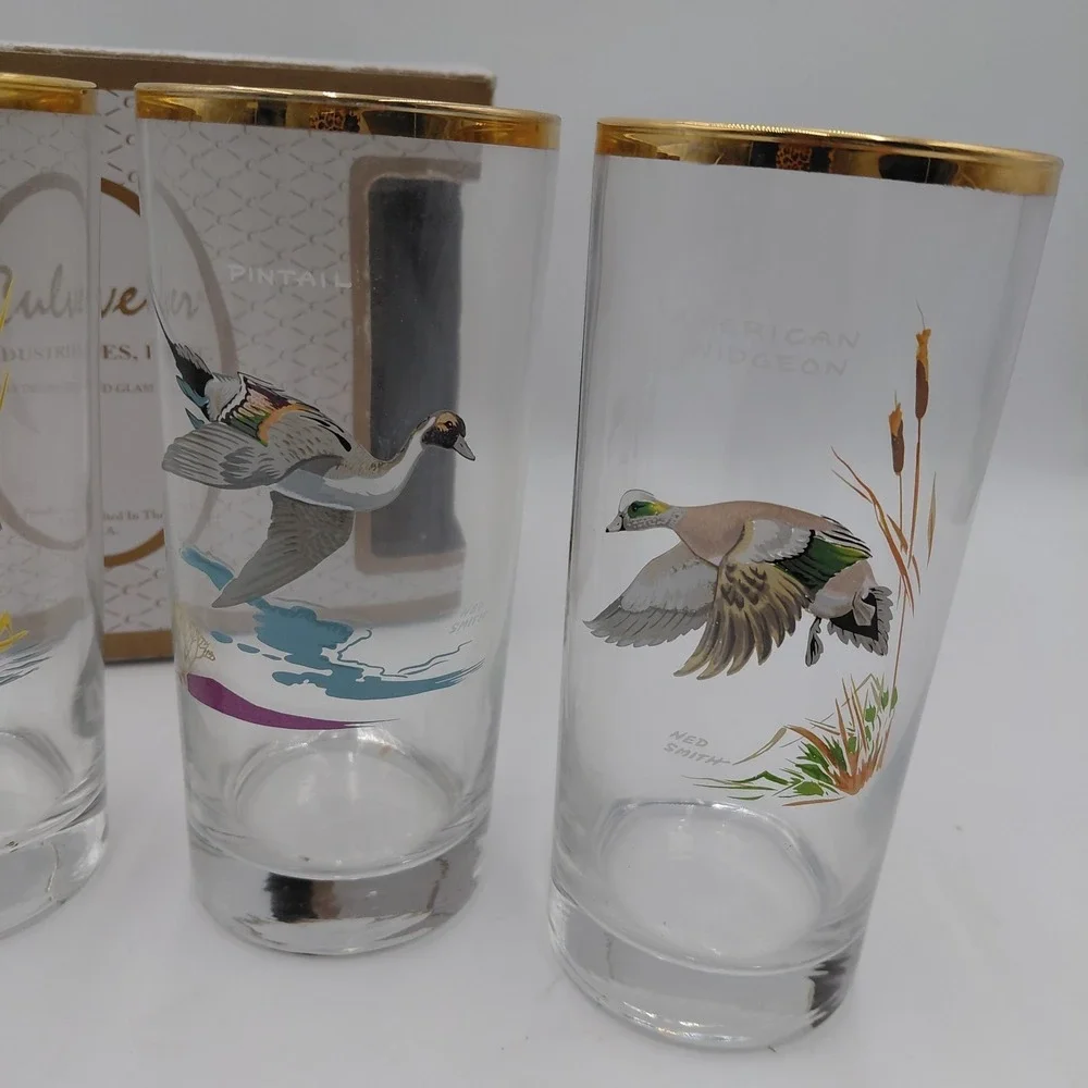 Ned Smith Culvers Highball Glasses Set 4 Duck Waterfowl Cabin Beer Hunting NOS