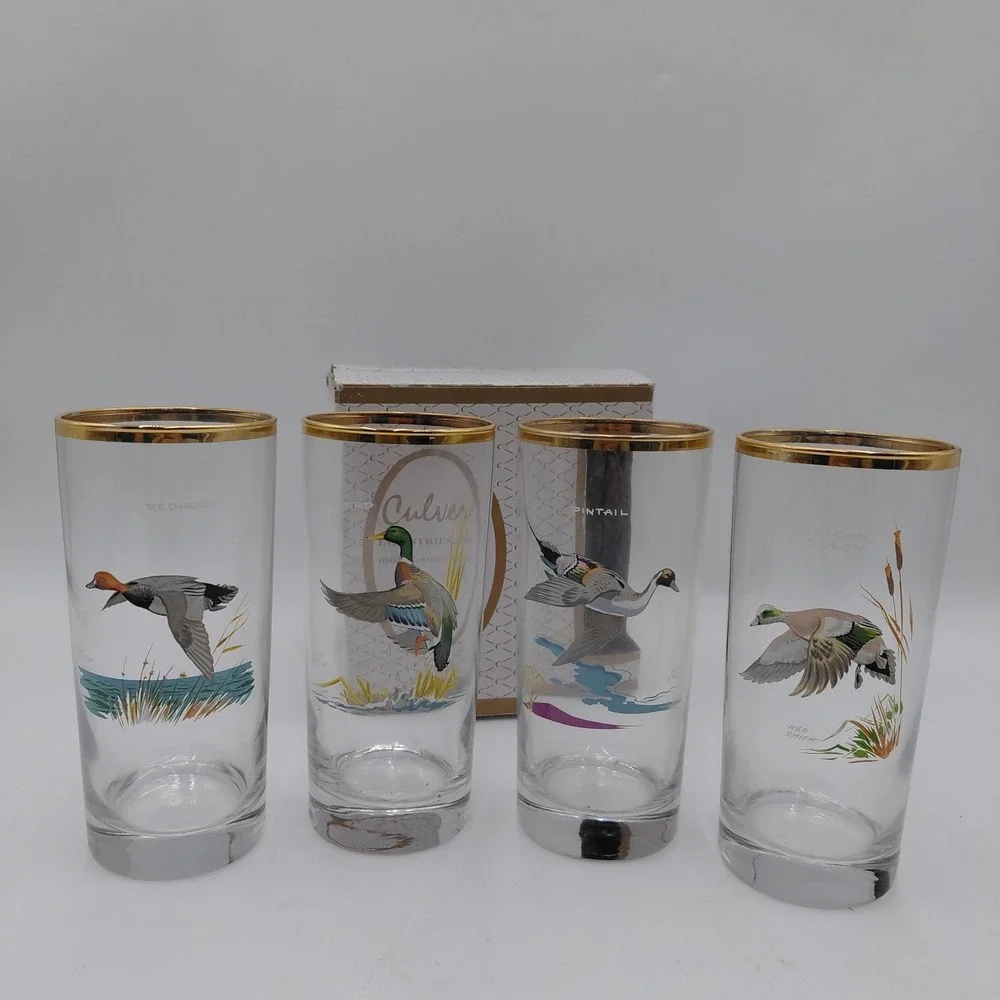 Ned Smith Culvers Highball Glasses Set 4 Duck Waterfowl Cabin Beer Hunting NOS