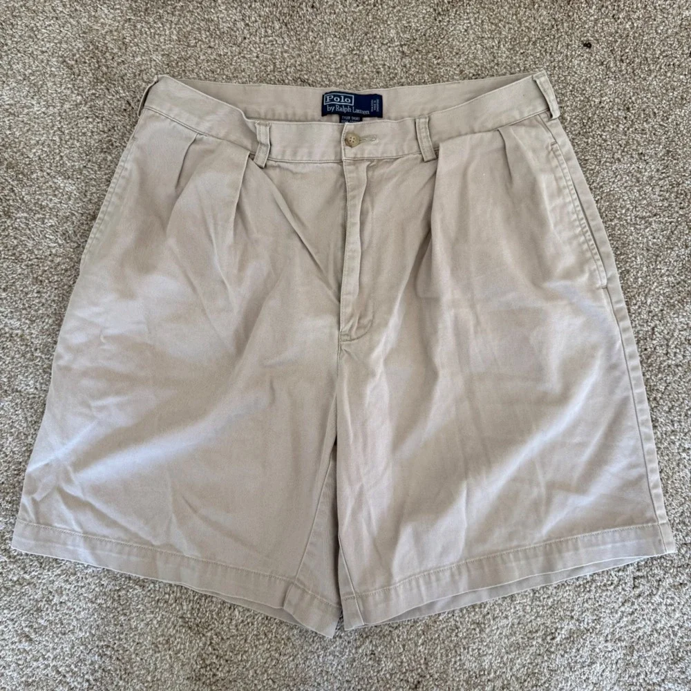 Polo Ralph Lauren Tyler Short Mens 34 (fits 32) Khaki Tan Pleated Chino Shorts