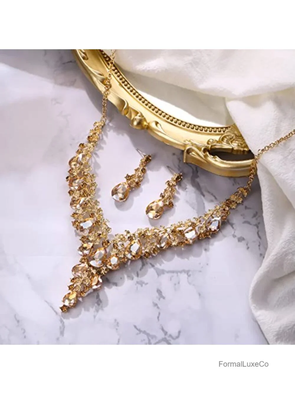 Austrian Crystal Teardrop Flower Cluster Statement Necklace & Earrings Set
