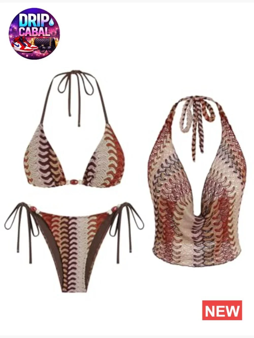 3 Piece Boho Cowl Neck Halter Bikini Set with Cover Up Tops