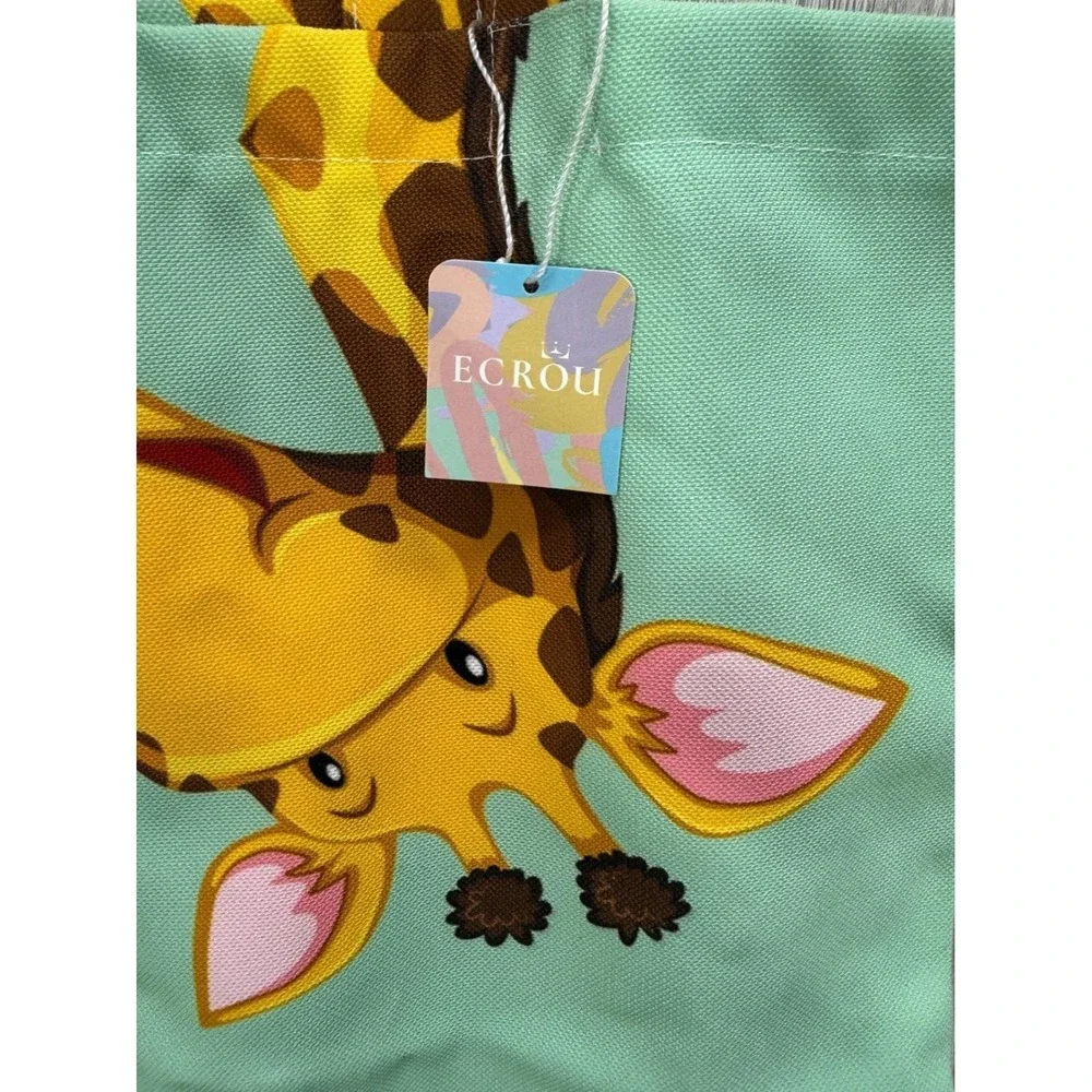 Ecrou Giraffe Print Canvas Tote Bag Mint Green Animal Graphic Beach Shopper NWT