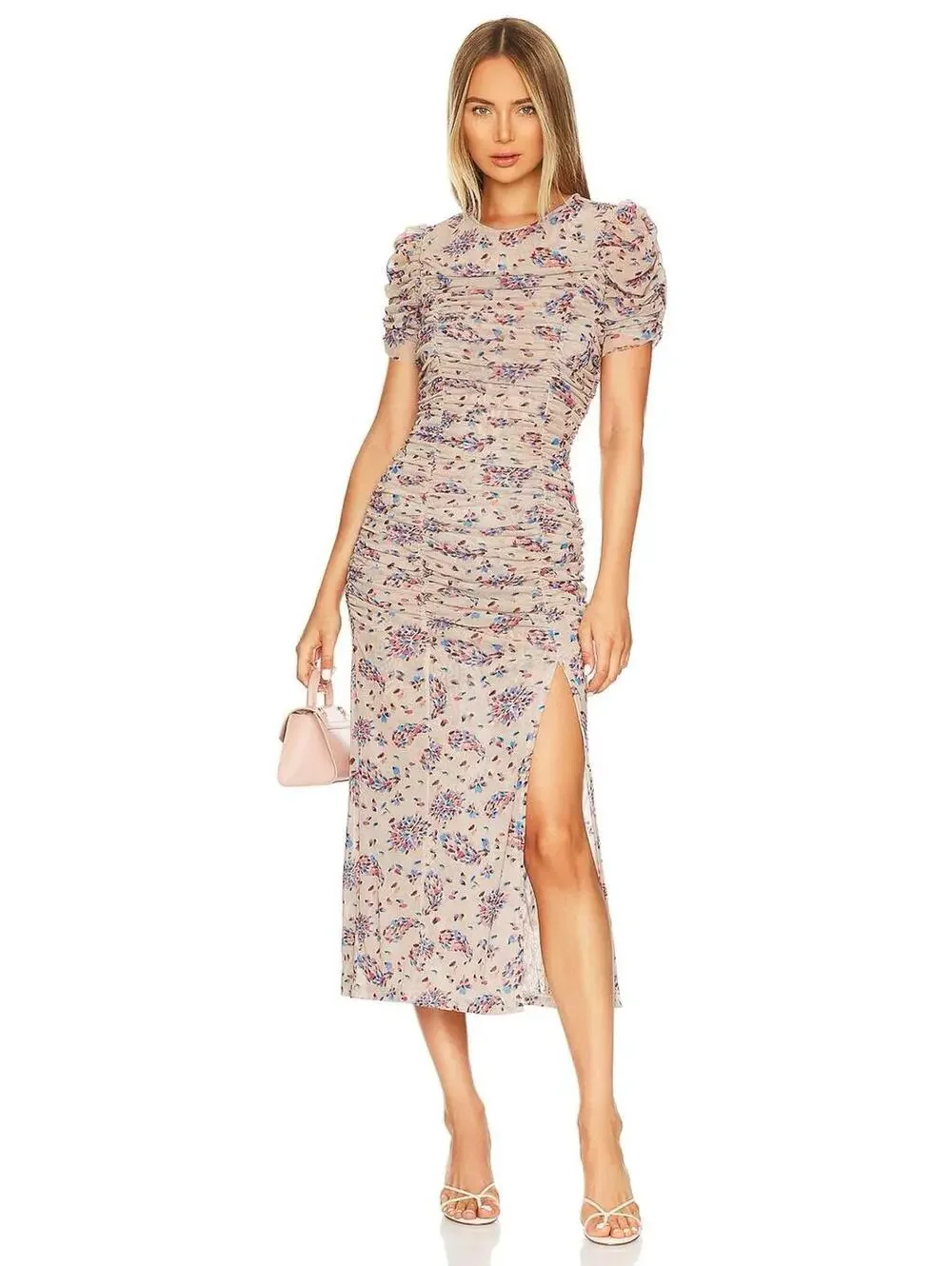 NEW! Free People Briella Ruched Midi Dress‎ Floral Tea Combo Puff Sleeve Size XS