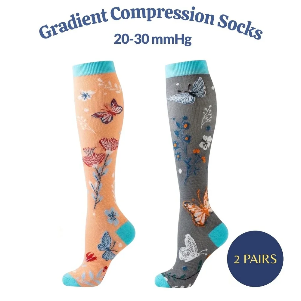 Unisex 20-30 mmHg Compression Socks L/XL Medical Butterflies‎ Gardencore 2 Pairs