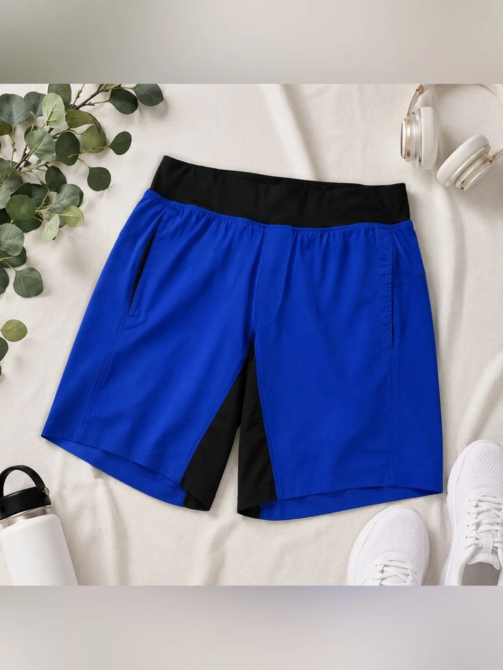 Lululemon Blue Black Running Athletic Shorts Zip Pocket Drawstring‎ Size XL