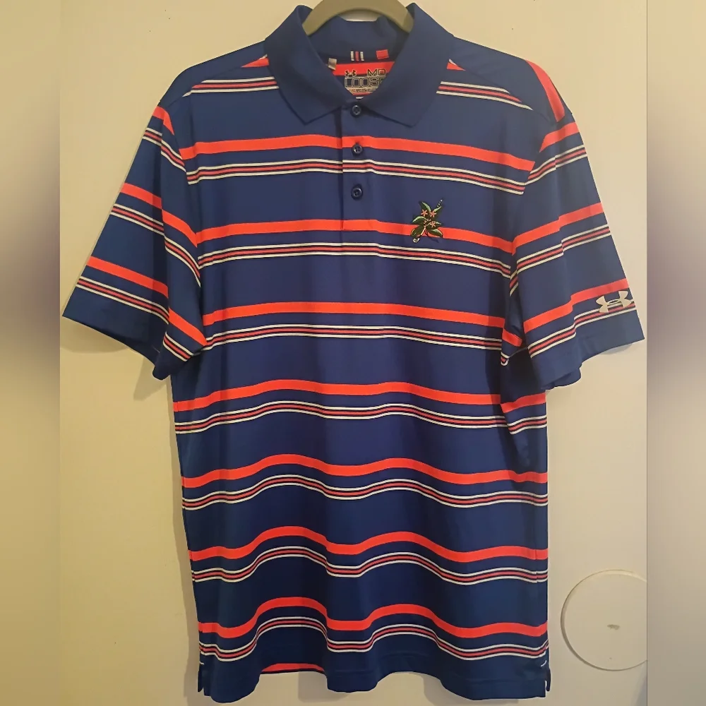Under Armour Moose Heat Gear Men's Blue‎ Striped Polo Shirt Sz M