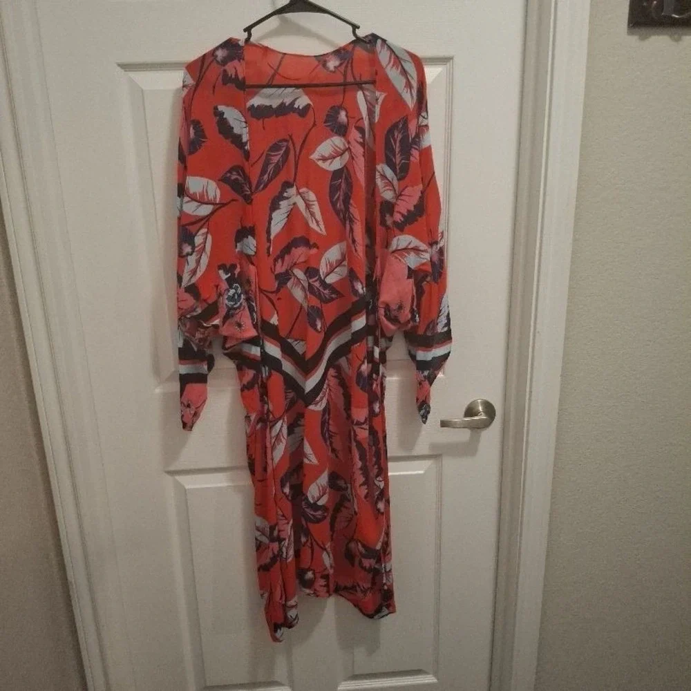 Unbranded One Size Red Blue Tropical‎ Leaf Loose Resort Kimono Coverup