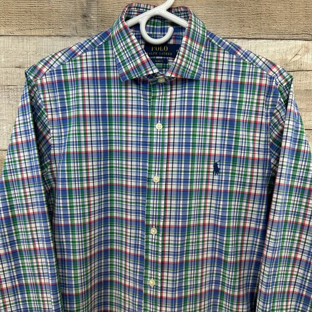 Polo Ralph Lauren Mens Plaid Slim Fit‎ Shirt Blue Green Pink Size M 15.5 Stretch
