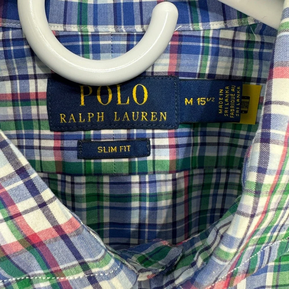 Polo Ralph Lauren Mens Plaid Slim Fit‎ Shirt Blue Green Pink Size M 15.5 Stretch