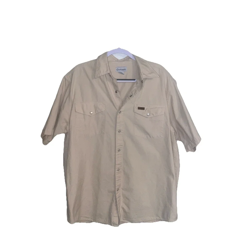 Vintage Carhartt S135 Pearl Snap Shirt Natural Chambray Western 2008 Mens Size L