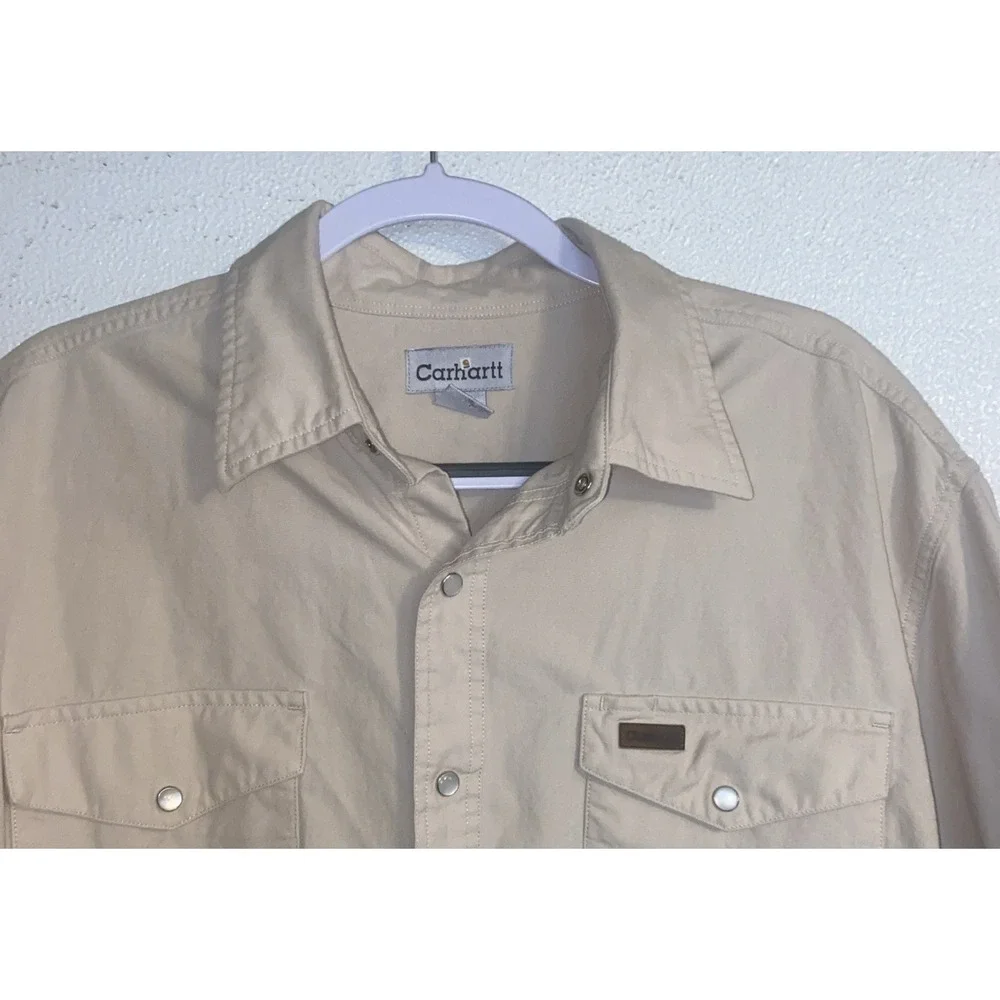 Vintage Carhartt S135 Pearl Snap Shirt Natural Chambray Western 2008 Mens Size L