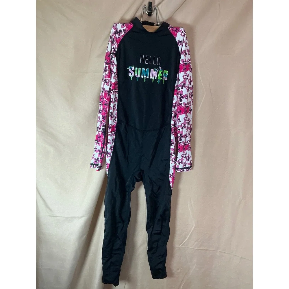 Dive&Sail Rash Guard Youth XL Black Pink New UPF 50+ Floral Long Sleeve