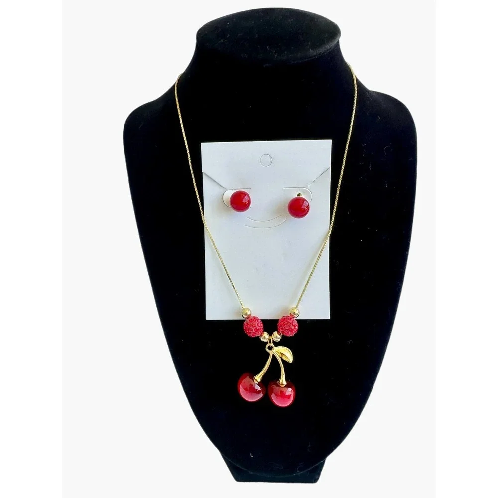 Cherry‎ Woman's Set Necklace and Earring 14k Gold Plated Oro Laminado