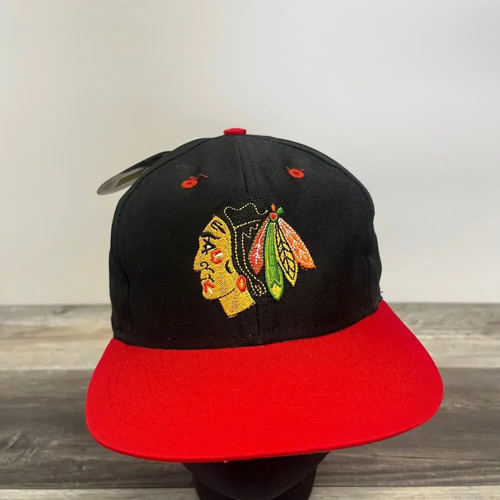 Vintage 90s Competitor Chicago Blackhawks Black Red Fits All NHL Hockey‎ Hat Cap