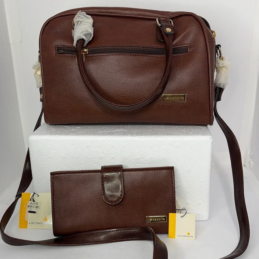 Liz Claiborne Brown Satchel Handbag & Matching Wallet Set NWT Classic‎ Pebbled