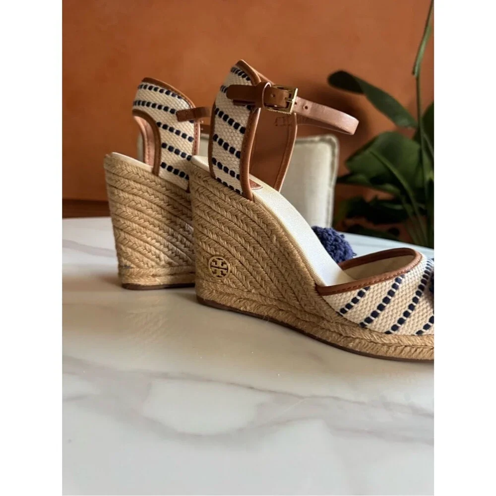 Tory Burch Navy Fringe Espadrille Wedge Sandals Coastal Resort 11