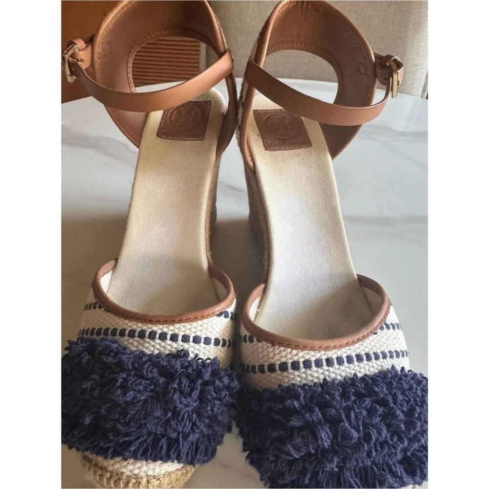 Tory Burch Navy Fringe Espadrille Wedge Sandals Coastal Resort 11