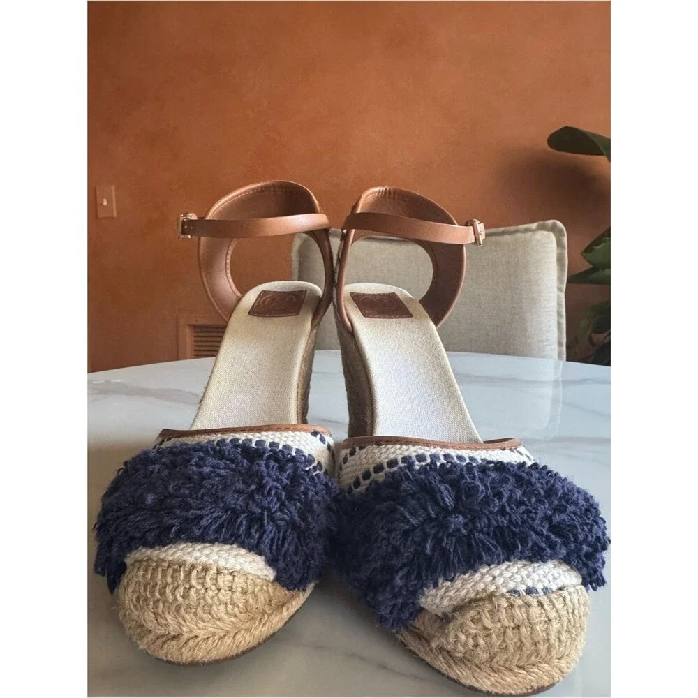 Tory Burch Navy Fringe Espadrille Wedge Sandals Coastal Resort 11