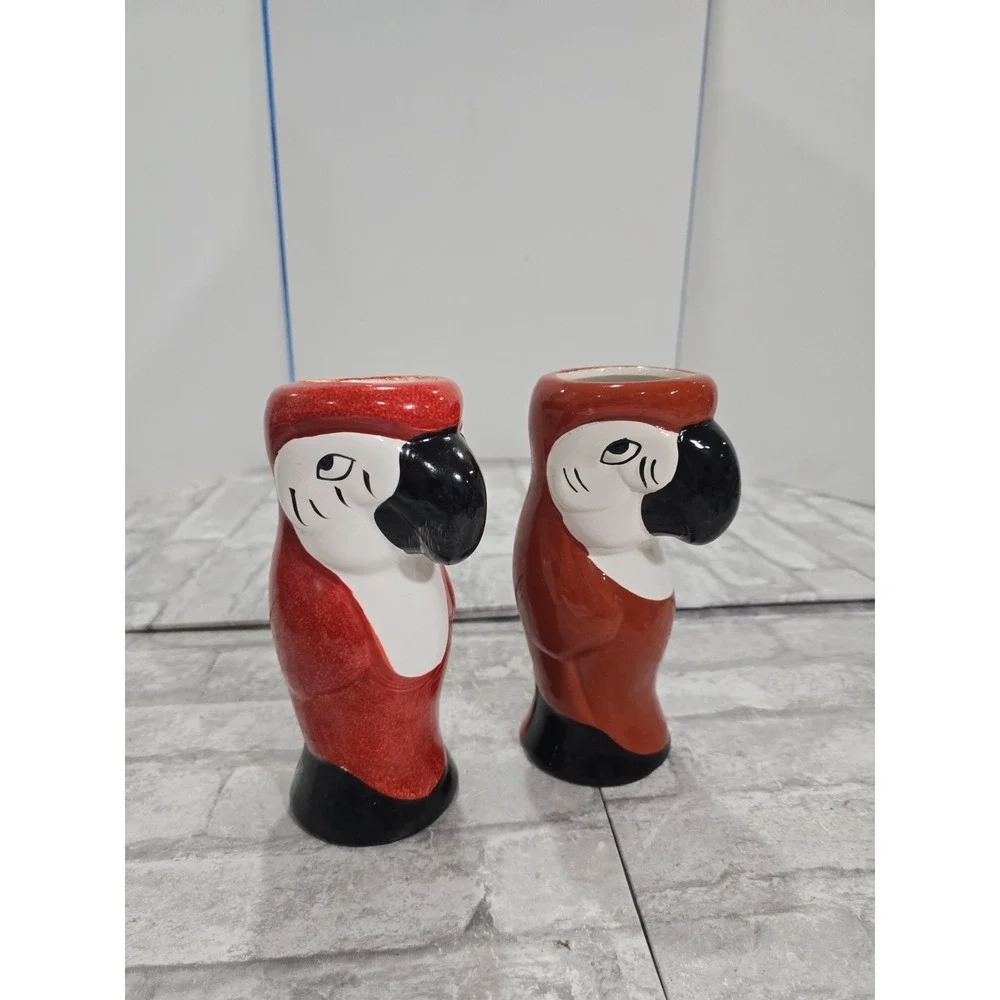 Set of 2 Vintage Parrot Macaw Red Orange Ceramic‎ Tiki Mug Barware Vase DW125(R)