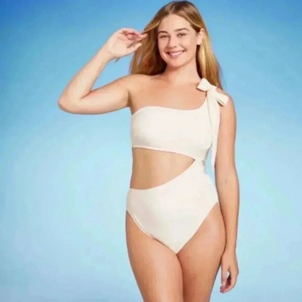 Women's White One Shoulder Bow Cut Out One Piece Swimsuit Size XL NWT