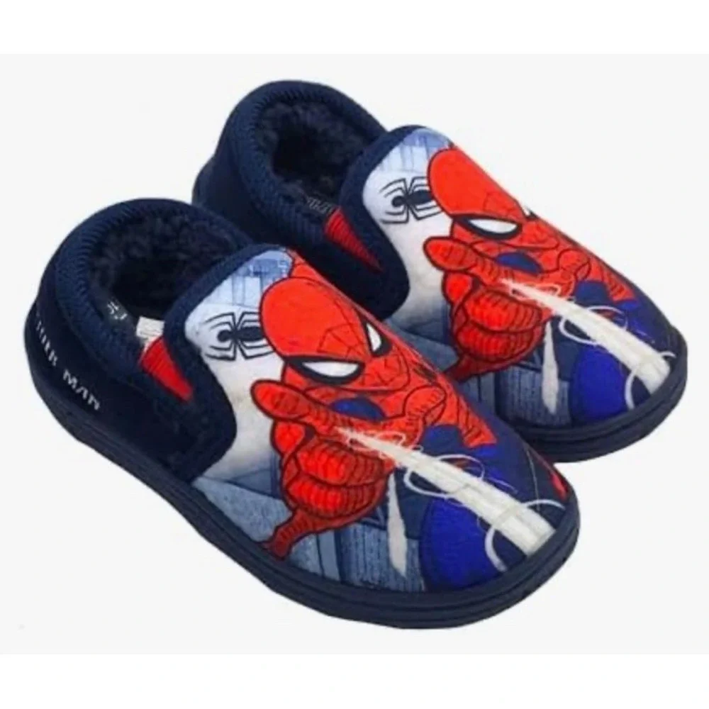 Boys Spiderman Slippers Marvel‎ Slip On Kids Size 8 Fleece Insole Navy Spidey