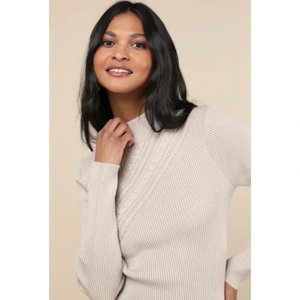 Lulus‎ Curated Forecast Sweater Top XS Beige Ribbed Mock Neck Stretch